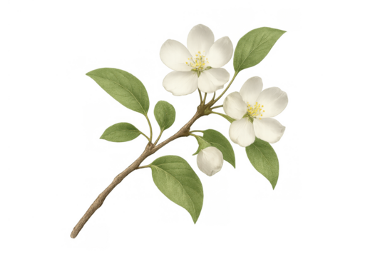 White flowers blooming on branch with green leaves, botanical illustration of spring apple or jasmine blossom, transparent png
