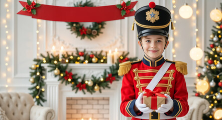 Obraz premium A smiling boy in a nutcracker soldier costume holding a Christmas gift. Festive holiday scene with a decorated fireplace and tree. Christmas and New Year banner for greeting text