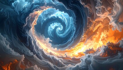Swirling clouds of blue and orange converge in a dynamic, almost celestial vortex formation, creating ethereal scene
