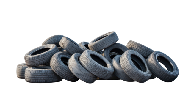 Pile of Used and Worn Tires Isolated on a White Background for Recycling