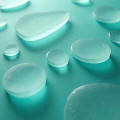 Soft glowing turquoise glass pebbles creating calm refreshing abstract composition with smooth translucent surface textures
