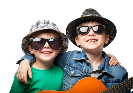 two cheerful young boys wearing cool sunglasses and stylish hats embracing with a guitar perfect for summer themes on transparent background high quality