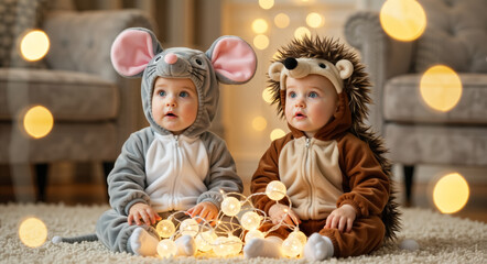 Two cute babies in mouse and hedgehog costumes sitting on a carpet. Adorable infant friends playing with christmas lights in a cozy home. Winter holiday and new year celebration