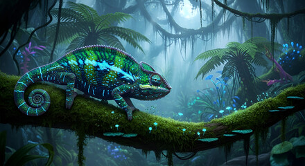 Vibrant chameleon perched on mossy branch in lush, mystical jungle, exuding exotic beauty, perfect for nature documentaries and conservation campaigns