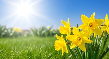 Bright yellow daffodils blooming in a green field under a blue sky