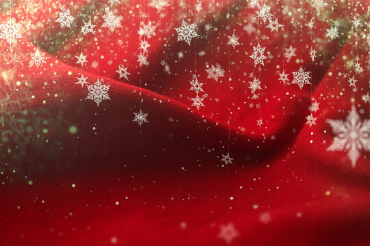 Festive red fabric background adorned with elegant white snowflakes and sparkling bokeh lights, perfect for winter holiday greeting cards, Christmas promotions, or luxurious seasonal designs.