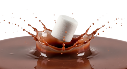 A fluffy marshmallow dives into a pool of rich, dark chocolate, creating a delicious splash, isolated on transparent background the contrasting colors and textures evoke a sense of indulgence and comf