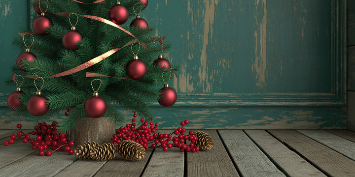 Rustic Christmas setting with a decorated pine tree, red ornaments, berries, and pinecones on a weathered wooden floor against a distressed teal wall, ideal for festive designs.