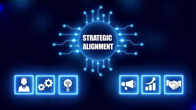 Strategic alignment concept with icons and digital network on dark blue background business strategy - Powered by Adobe