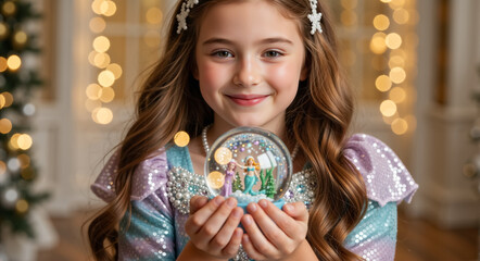 Smiling girl holding a Christmas snow globe with a mermaid inside. Happy child with a festive holiday gift during winter celebration
