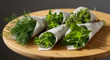 Fresh Green Herb Plants in White Paper Wraps on Wooden Board