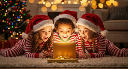 Diverse children in santa hats looking at a magic christmas gift. Excited kids in pajamas opening a glowing present box with wonder. Holiday surprise and childhood joy concept