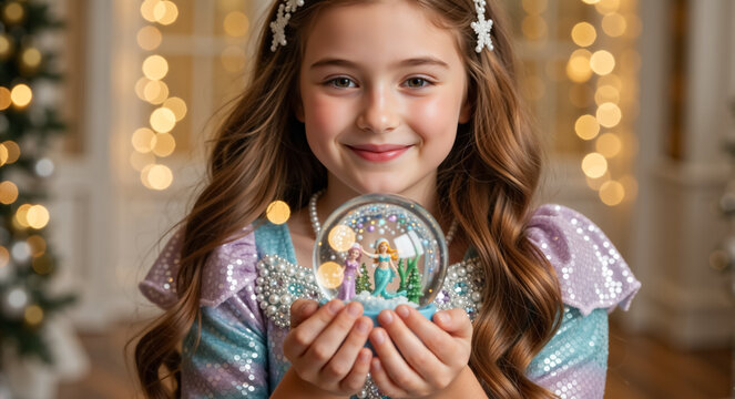 Smiling girl holding a Christmas snow globe with a mermaid inside. Happy child with a festive holiday gift during winter celebration