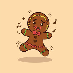 Cute Happy Cartoon Gingerbread Man Vector Illustration Character Jumping or Dancing Surrounded by Music Notes. Holiday Dessert, Christmas Celebration, and Sweet Treat Concept.