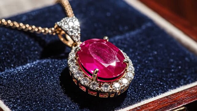 Elegant ruby pendant necklace with diamond accents displayed on a luxurious velvet backdrop