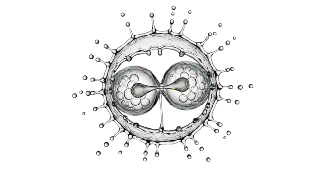 A captivating water splash collision frozen midair, forming a unique spherical shape with intricate details and droplets suspended against a pristine white backdrop isolated on transparent background