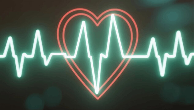 An illustration of a neon scarlet heart and its green pulse hovering in space. Vector graphics. EPS.