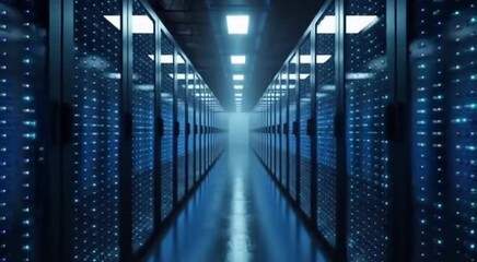 Data center corridor with illuminated server racks and blue lighting