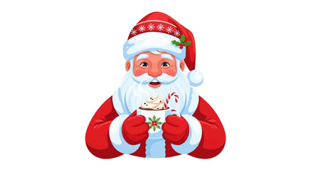 Santa smiles while holding a mug of hot cocoa with whipped cream and a candy cane in it