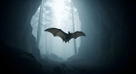 Eerie bat soars through foggy forest cave, a mysterious Halloween night scene perfect for suspenseful stories and spooky season promotions, captivating dark fantasy.