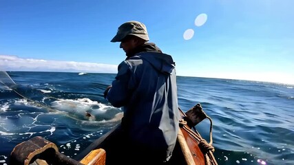 Fisherman casting fishing net into water Commercial Seafood Industry FistBoat Farming Coastline Ocean Hunting Profession