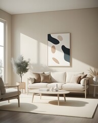 Soft minimal contemporary living room decorated with abstract artwork and filled with warm bright natural sunlight
