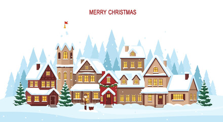 Snowy village scene with Merry Christmas text above Buildings are covered in snow