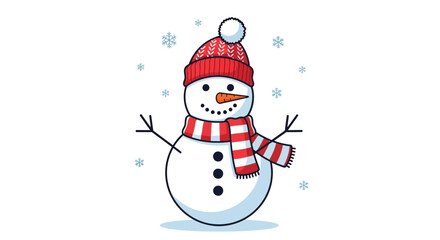 A cartoon snowman stands with a hat and scarf in a snowy environment