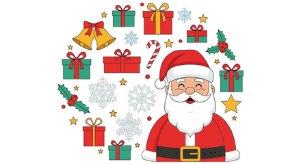 A circular festive arrangement features Santa gifts bells snowflakes and holly