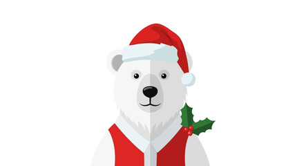 A polar bear wears a Santa hat and a red vest decorated with holly