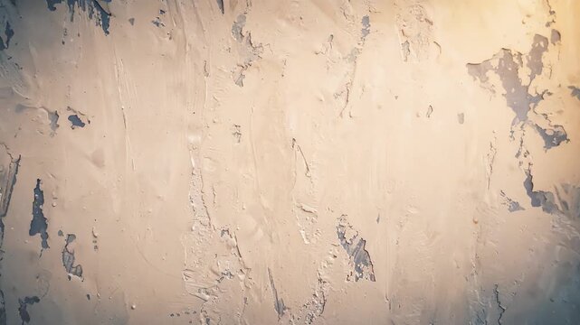 Close up static footage of an abstract textured grungy wall surface with thick beige peeling paint revealing patches of blue gray plaster background design perfect for motion graphics and overlays.