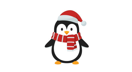 Cartoon penguin wears a red hat and scarf standing with visible orange feet