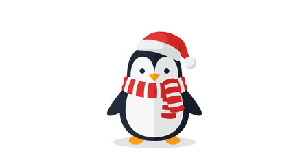 Cartoon penguin wears a Santa hat and striped scarf standing