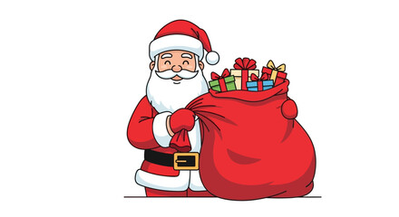 Cartoon Santa holds a large red sack overflowing with colorful wrapped presents