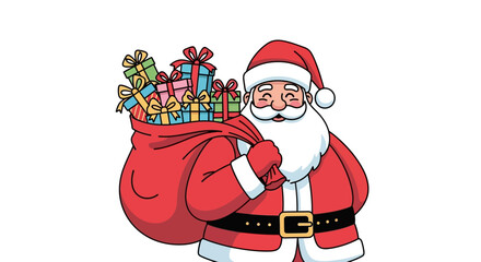 Cartoon Santa holds a bag of gifts He is smiling and wearing his red suit with a white beard