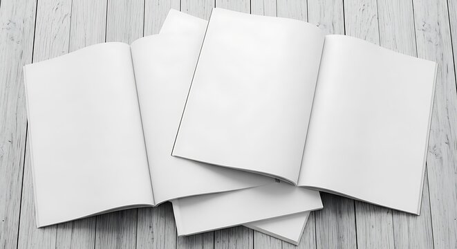 Multiple open blank books or magazines with white pages on a rustic light wooden table, ideal for custom content display