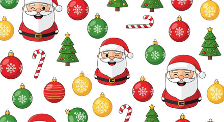 Christmas pattern Santa ornaments trees  candy canes scattered on a white background