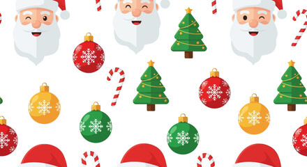 Festive pattern features Santa ornaments trees  candy canes on white