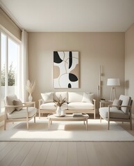 Scandinavian inspired bright living room decorated with abstract wall art and warm soft sunlight interior
