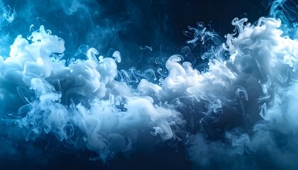 Swirling, ethereal clouds of soft blue and white smoke against a deep blue backdrop creates a dreamlike atmosphere