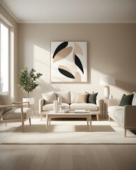 Bright airy minimalist living room with soft natural light featuring abstract modern painting above sofa
