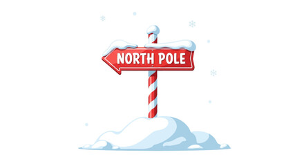 Red North Pole sign snowcovered on a striped pole against a white backdrop
