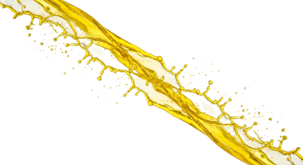A dynamic splash of golden liquid isolated on transparent background, capturing the essence of movement and energy as the fluid streams across the frame in a captivating display of fluidity and vibran