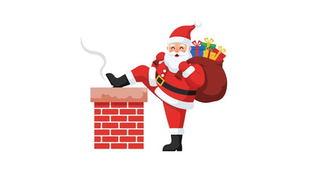 Santa Claus by a brick chimney with a sack of presents
