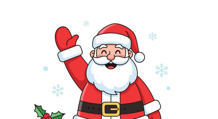 Santa Claus cartoon waving with holly berries and snowflakes on a white background