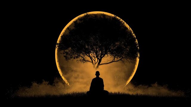 monk meditating under tree at night. surrounded by golden mystic shining ring