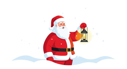 Santa Claus holding a lantern stands kneedeep in snow