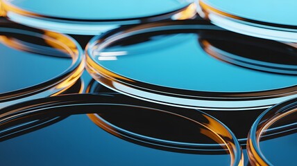 Abstract interlocking circles with blue and gold reflections creating a modern design