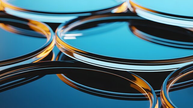 Abstract interlocking circles with blue and gold reflections creating a modern design
