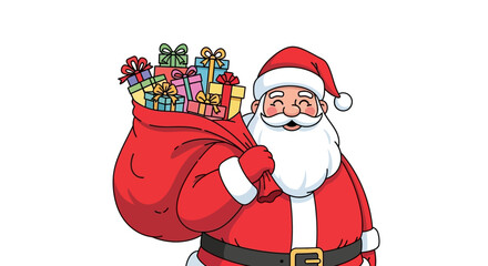 Santa Claus is smiling and carrying a sack filled with gifts